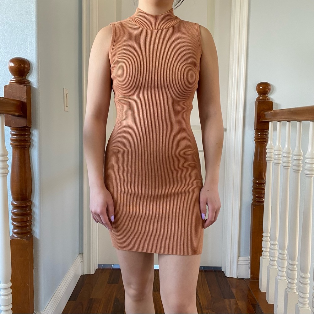 Forever 21 Mock Neck Sleeveless Ribbed Sweater Orange Brown Mini Dress Size S